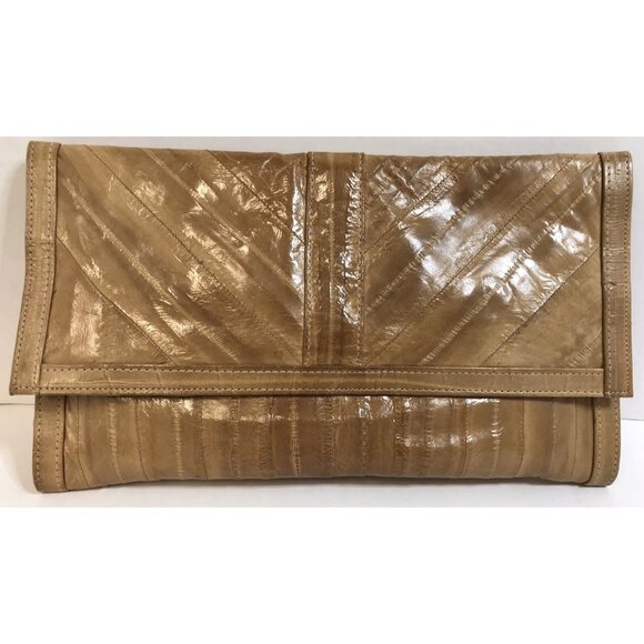 Borim Clutch Purse Rare Real EEL Skin Tan Vintage + Bonus  Matching Wallet - Picture 1 of 11